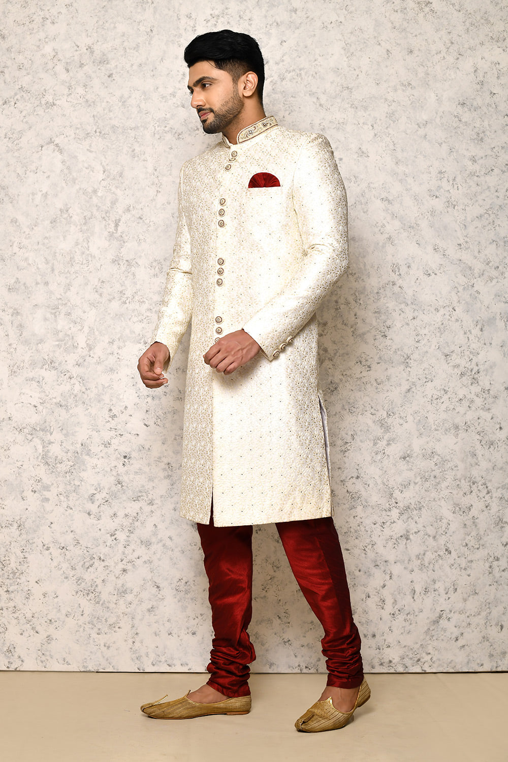 White Colour Art Silk Fabric With Hand Embroidery Indowestern