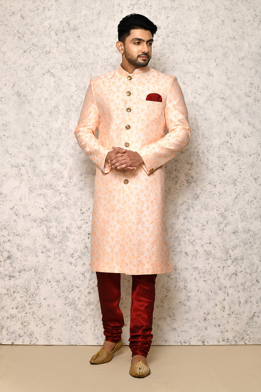 Rust Colour Jacquard Fabric With Pattern Work Indowestern