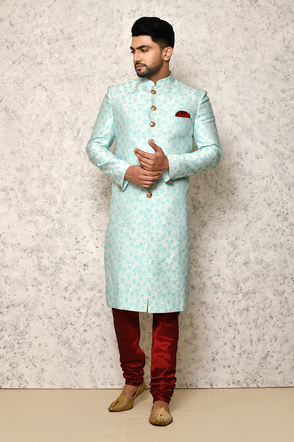 Sky Colour Jacquard Fabric With Pattern Work Indowestern