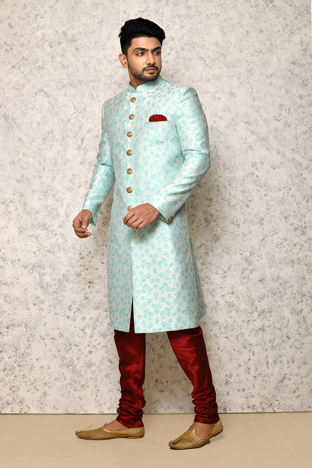 Sky Colour Jacquard Fabric With Pattern Work Indowestern