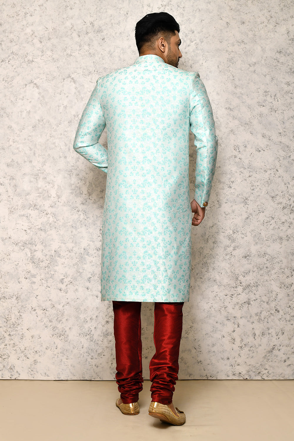 Sky Colour Jacquard Fabric With Pattern Work Indowestern