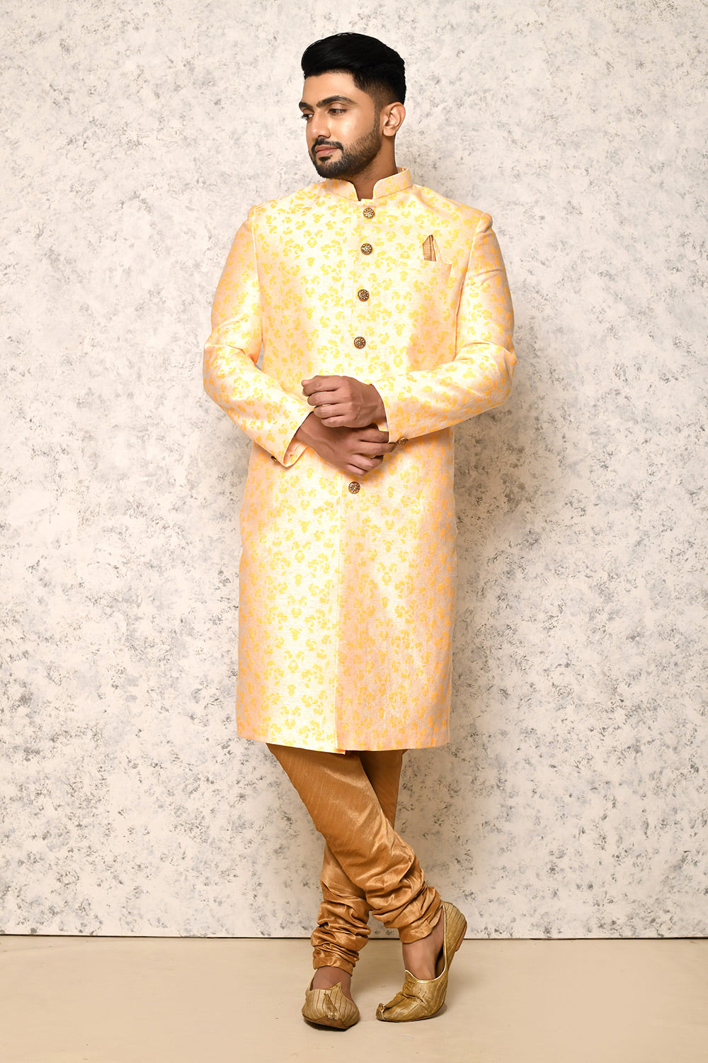 Yellow Colour Jacquard Fabric With Pattern Work Indowestern
