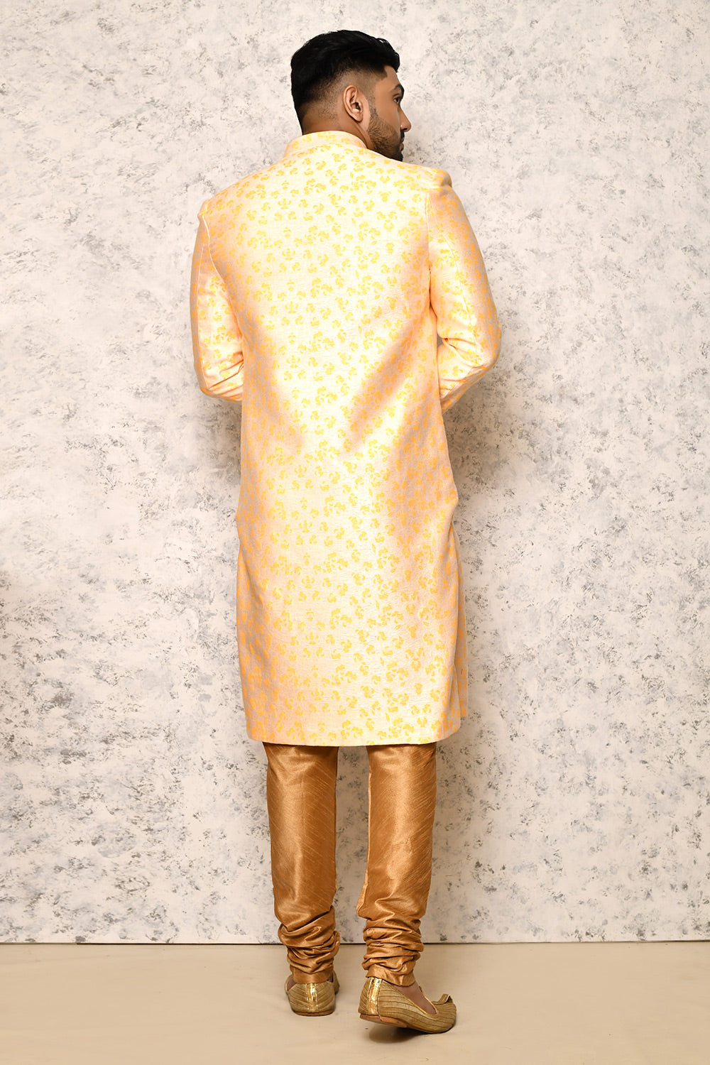 Yellow Colour Jacquard Fabric With Pattern Work Indowestern