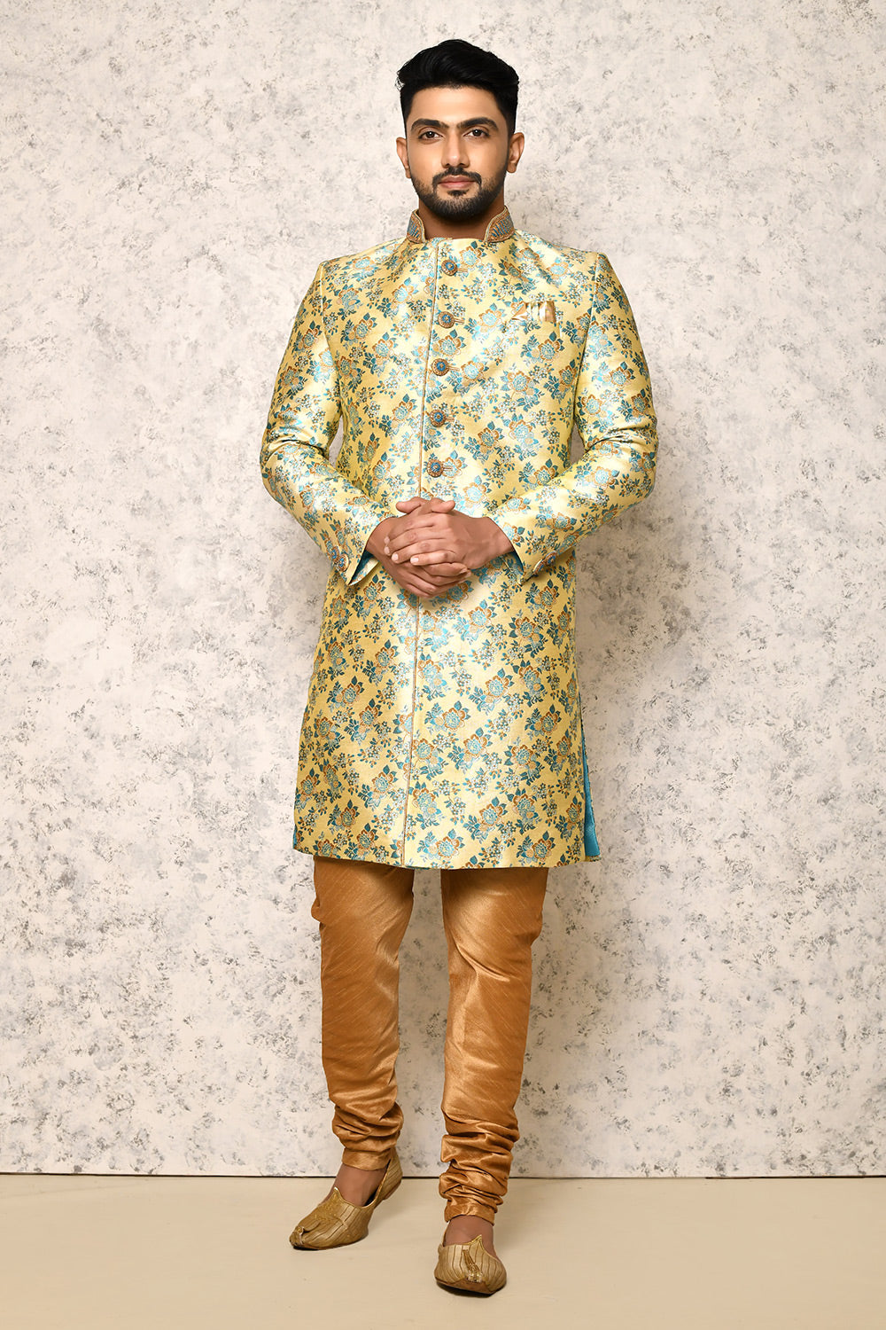 Firoza Colour Jacquard Fabric With Hand Embroidery Indowestern