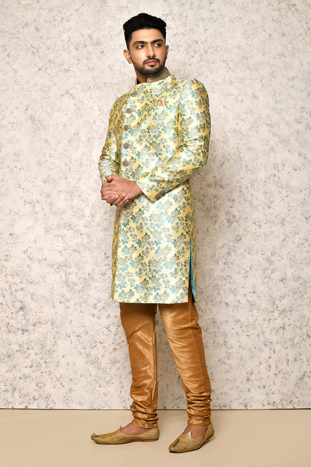 Firoza Colour Jacquard Fabric With Hand Embroidery Indowestern