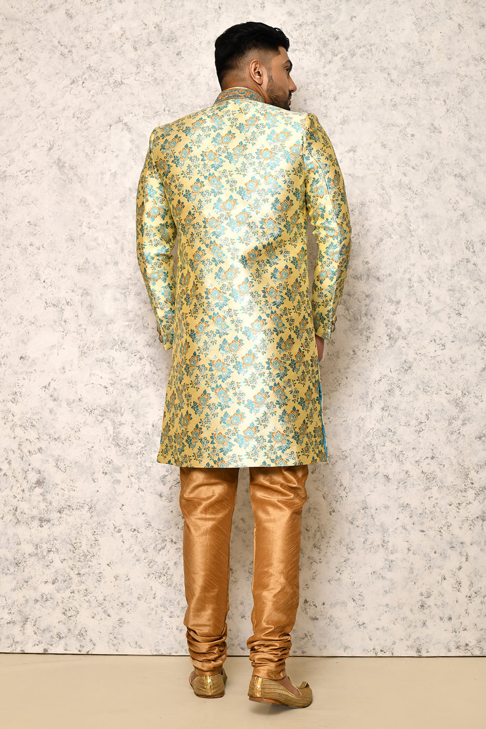 Firoza Colour Jacquard Fabric With Hand Embroidery Indowestern