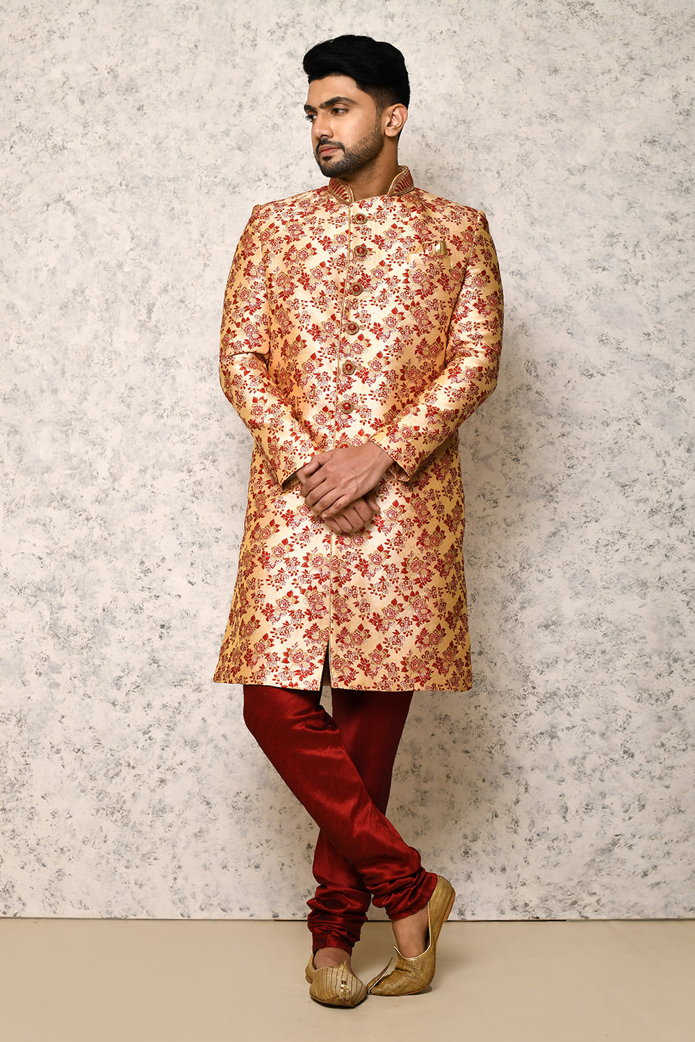 Maroon Colour Jacquard Fabric With Hand Embroidery Indowestern