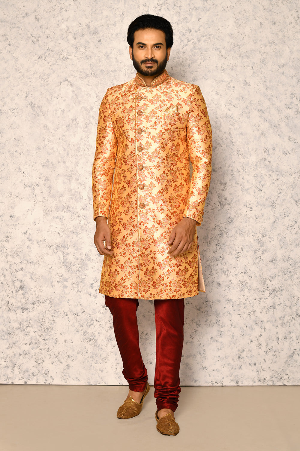 Rust Colour Art Silk Fabric With Hand Embroidery Indowestern
