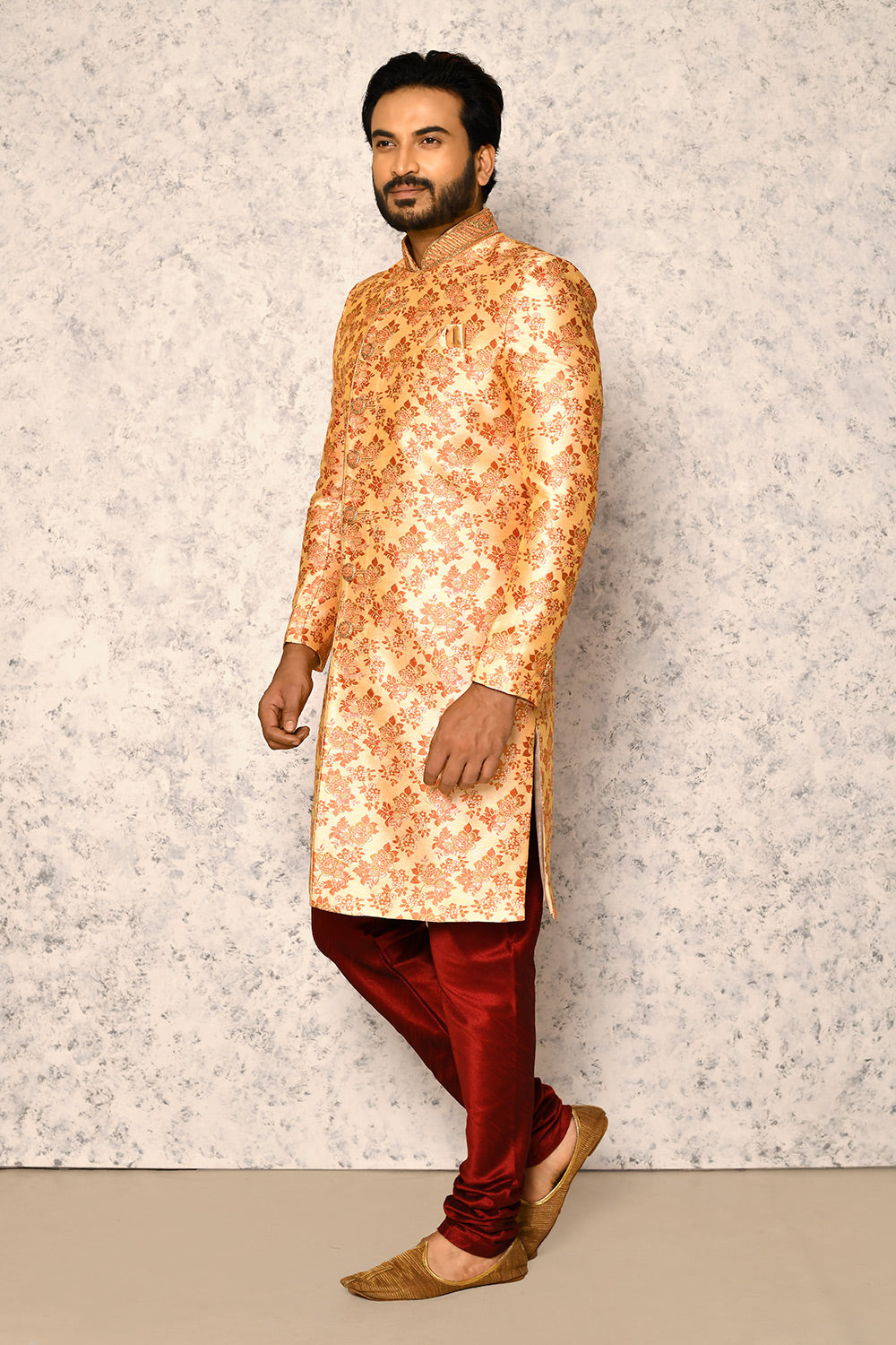 Rust Colour Art Silk Fabric With Hand Embroidery Indowestern