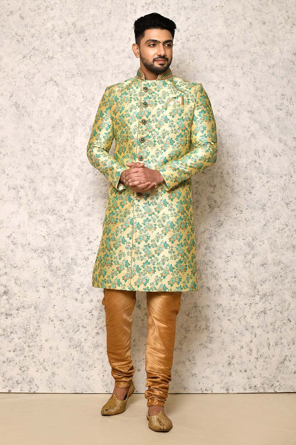 Rama Green Colour Jacquard Fabric With Hand Embroidery Indowestern