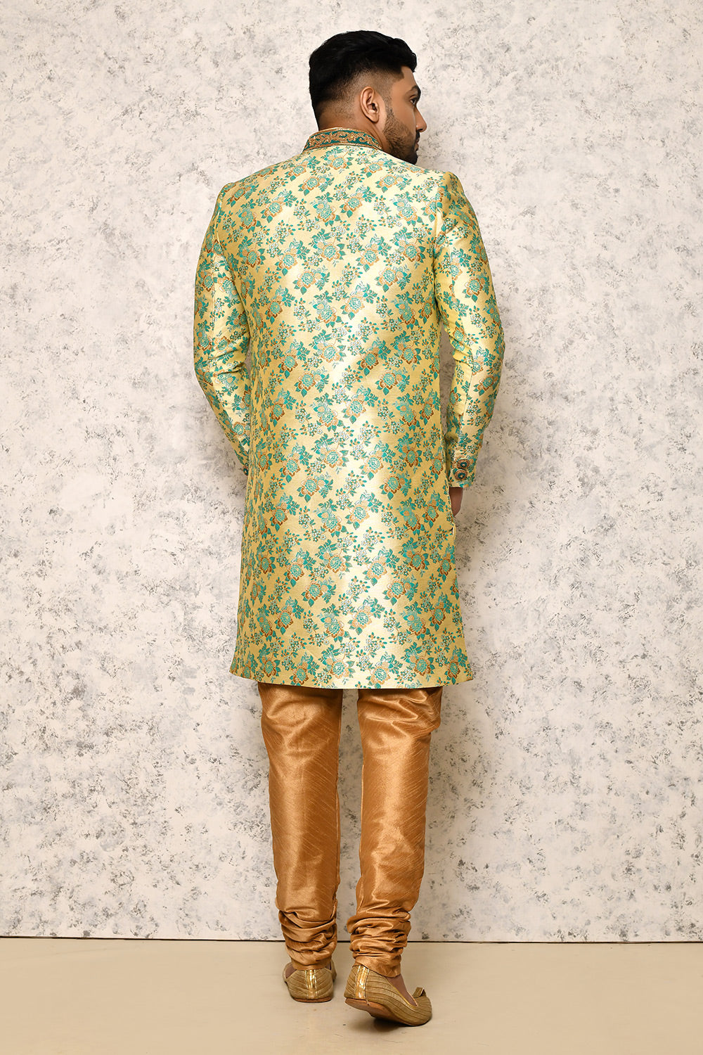 Rama Green Colour Jacquard Fabric With Hand Embroidery Indowestern