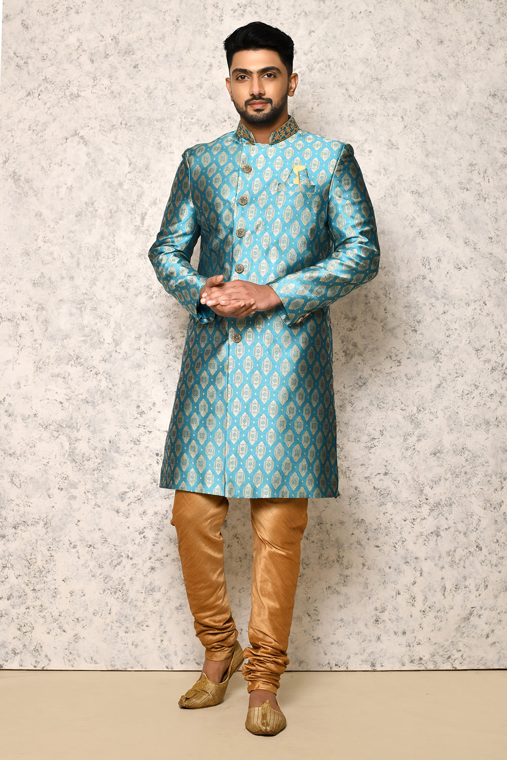 Firoza Colour Jacquard Fabric With Hand Embroidery Indowestern