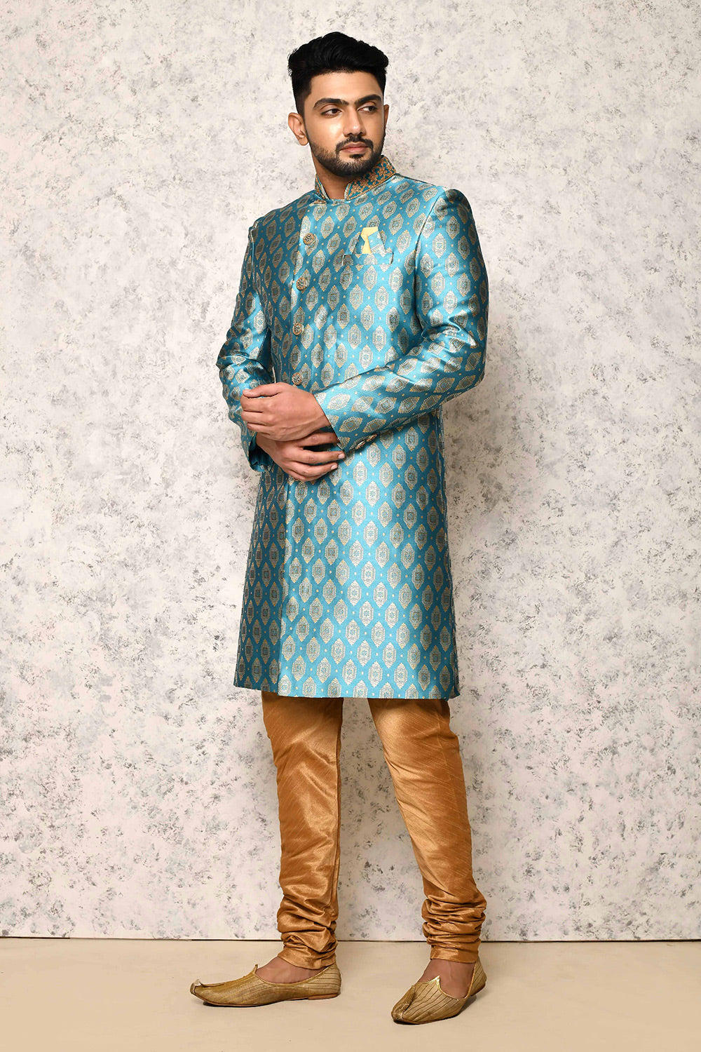 Firoza Colour Jacquard Fabric With Hand Embroidery Indowestern