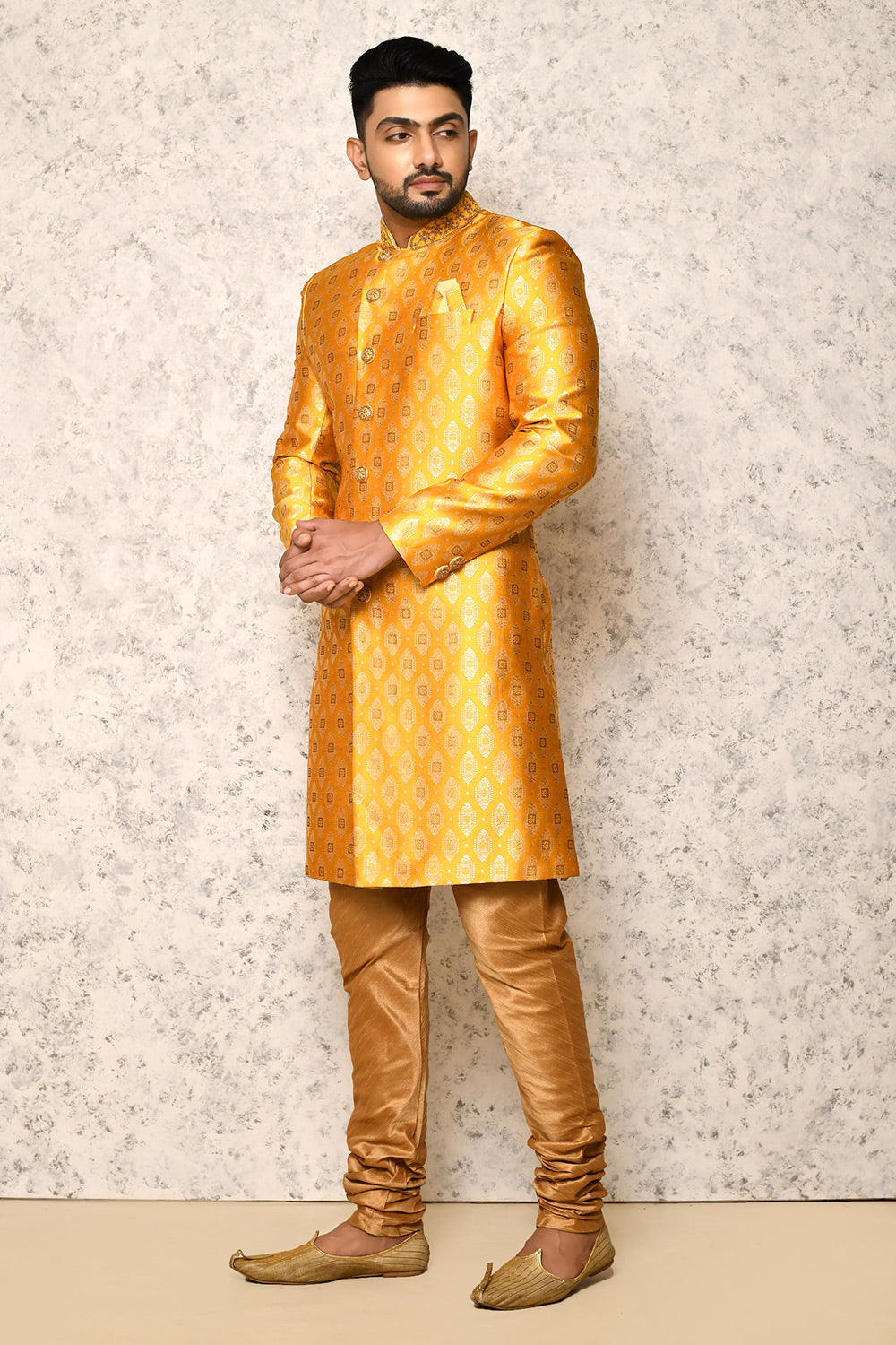 Yellow Colour Art Silk Fabric With Hand Embroidery Indowestern