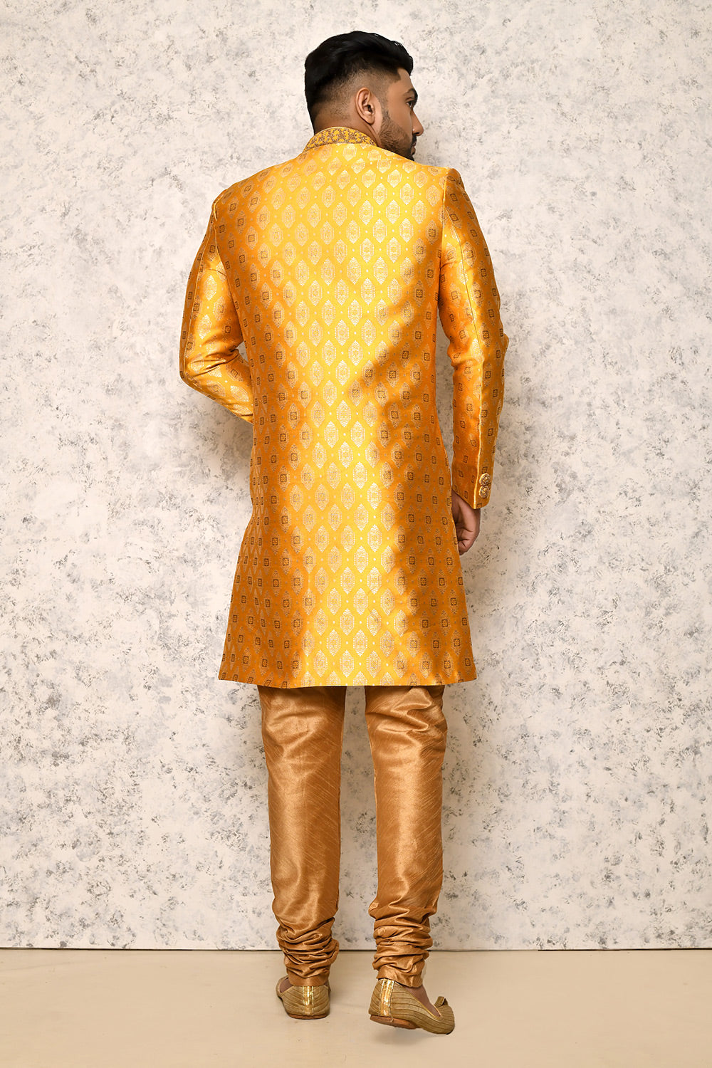 Yellow Colour Art Silk Fabric With Hand Embroidery Indowestern