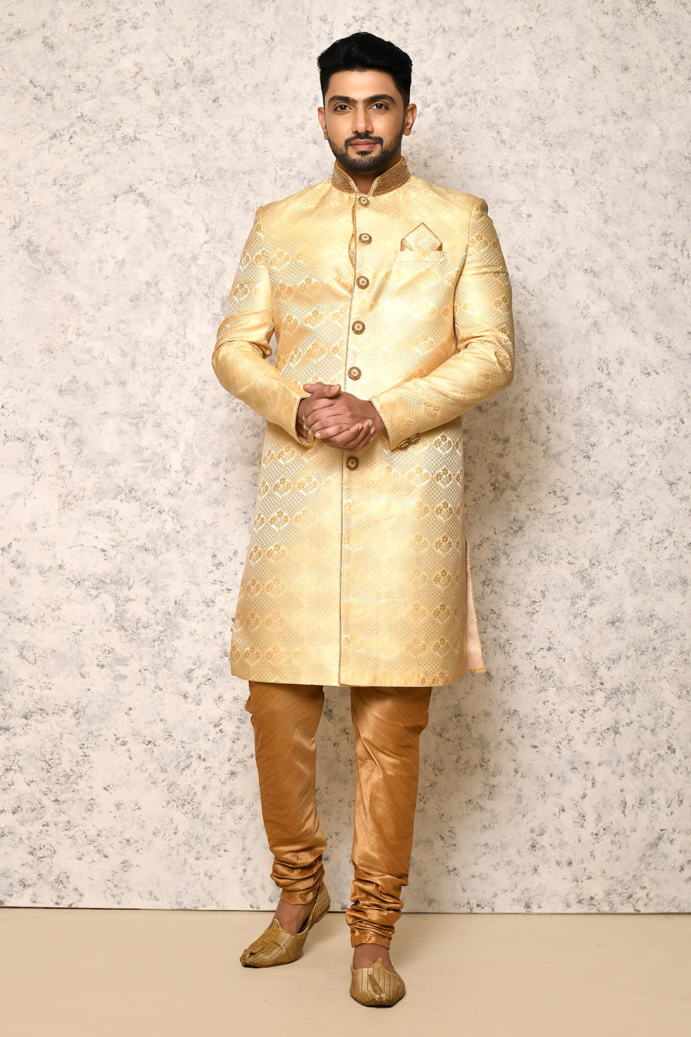 Gold Colour Art Silk Fabric With Hand Embroidery Indowestern