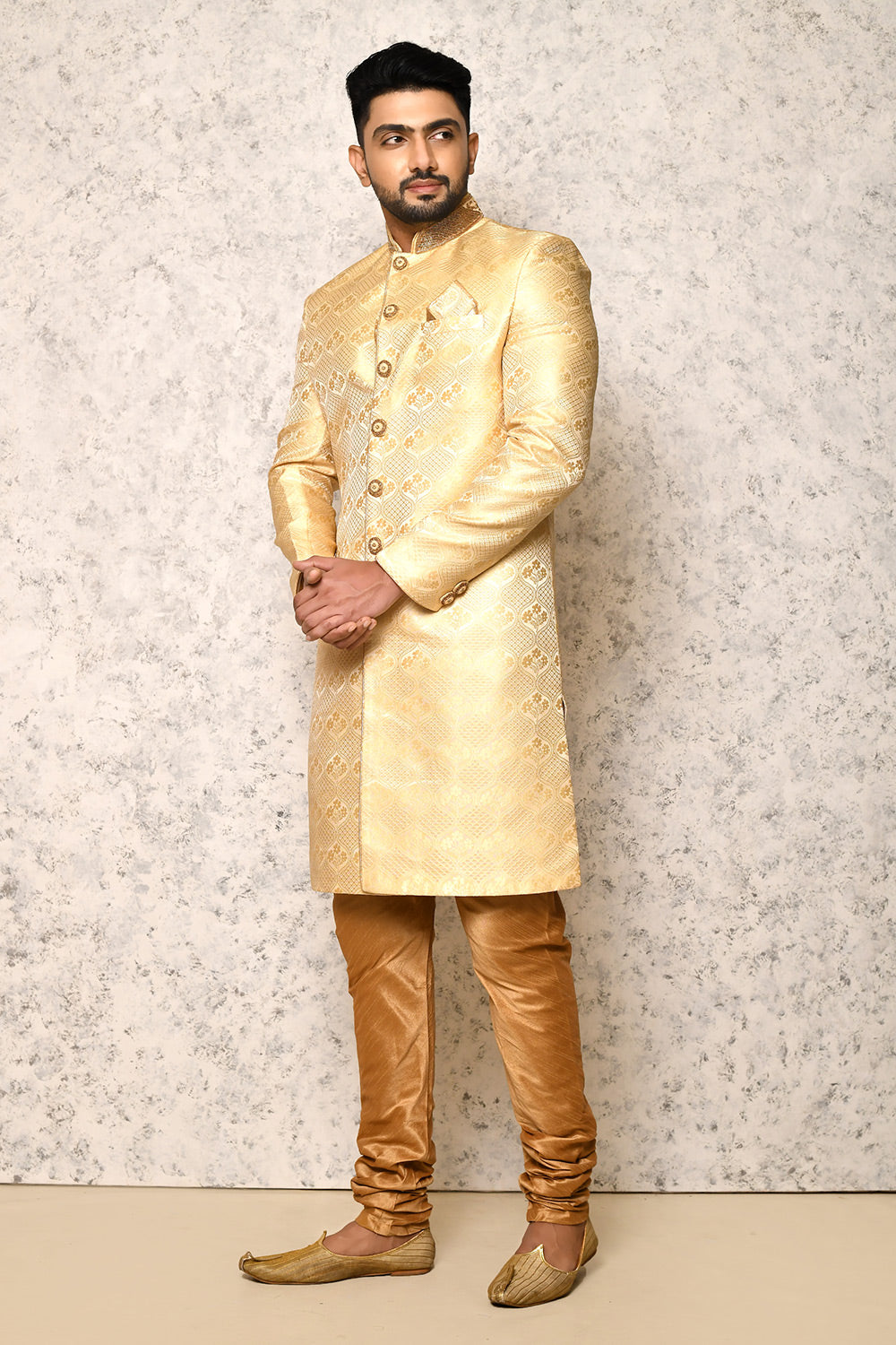Gold Colour Art Silk Fabric With Hand Embroidery Indowestern