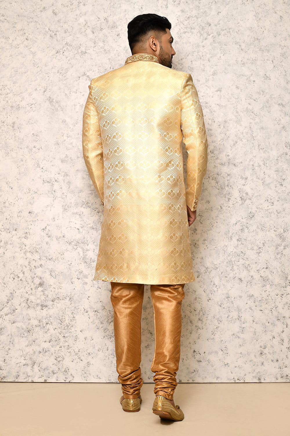 Gold Colour Art Silk Fabric With Hand Embroidery Indowestern