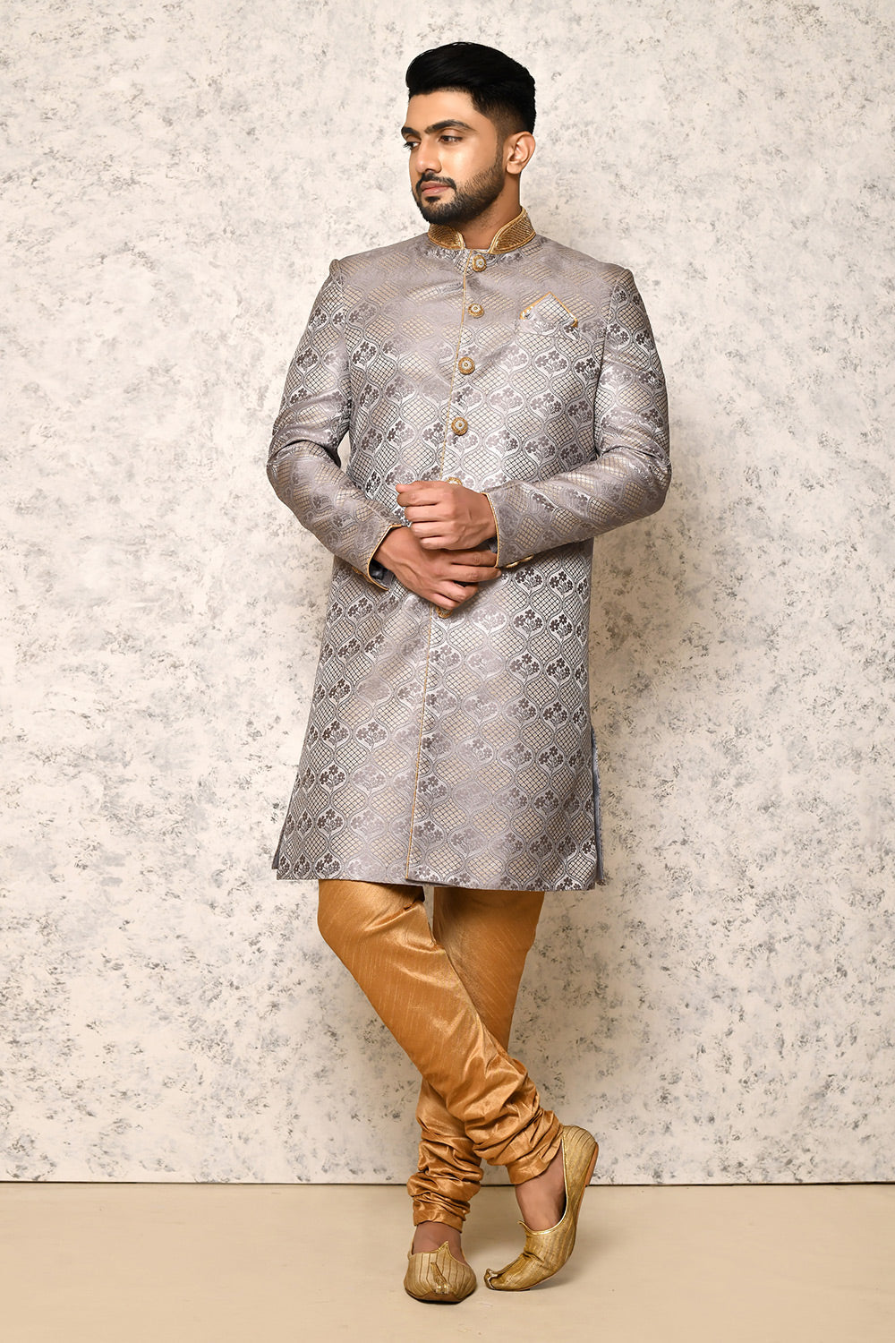 Grey Colour Art Silk Fabric With Hand Embroidery Indowestern