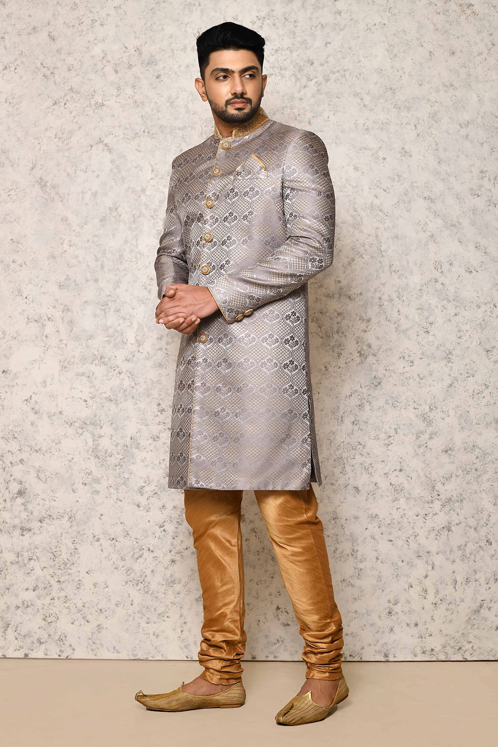 Grey Colour Art Silk Fabric With Hand Embroidery Indowestern