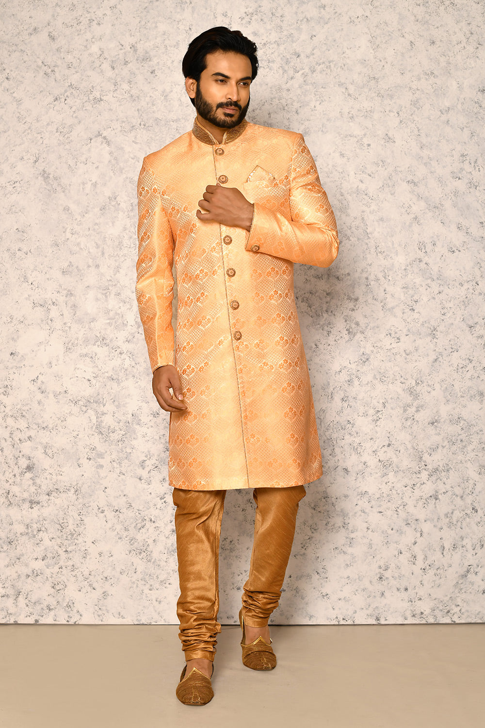 Rust Colour Art Silk Fabric With Hand Embroidery Indowestern