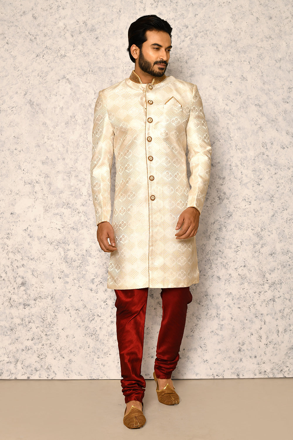 Cream Colour Art Silk Fabric With Hand Embroidery Indowestern