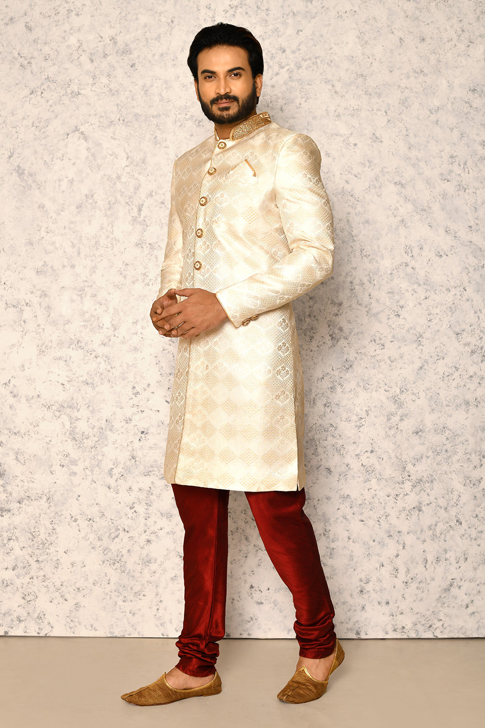 Cream Colour Art Silk Fabric With Hand Embroidery Indowestern