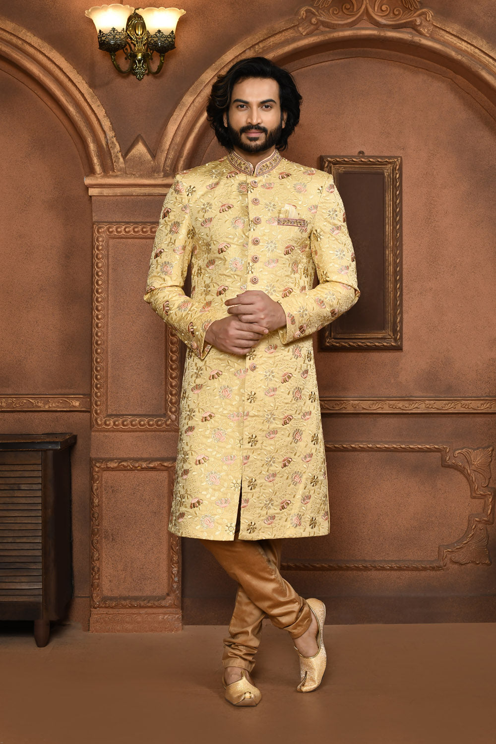 Beige Colour Art Silk Fabric With Embroidered Sherwani