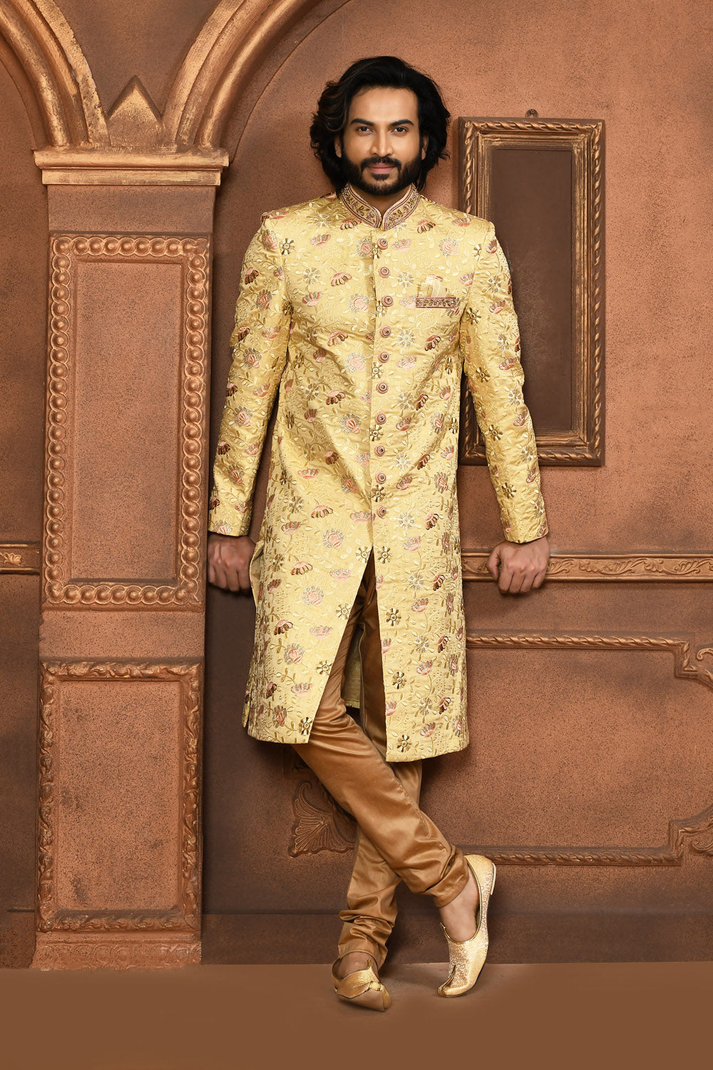 Beige Colour Art Silk Fabric With Embroidered Sherwani