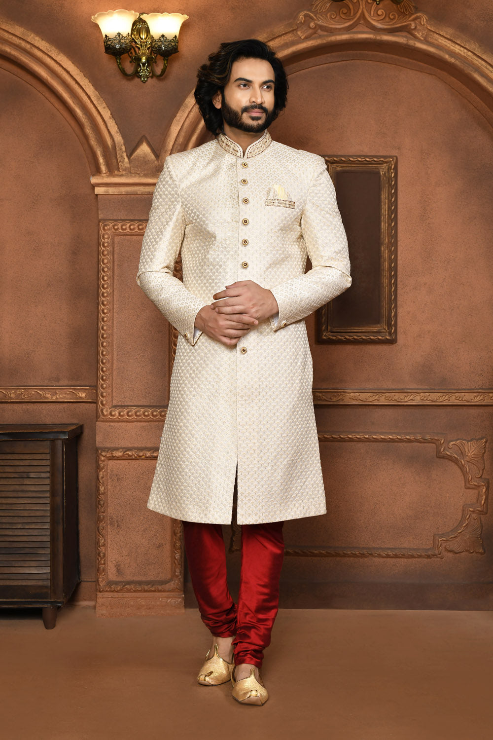 Off White Colour Art Silk Fabric With Embroidered Sherwani
