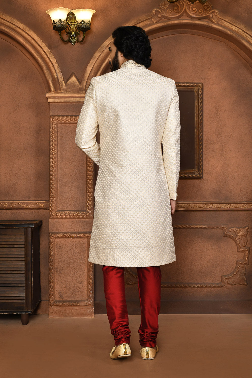Off White Colour Art Silk Fabric With Embroidered Sherwani