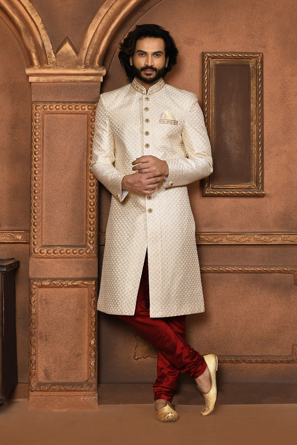 Off White Colour Art Silk Fabric With Embroidered Sherwani
