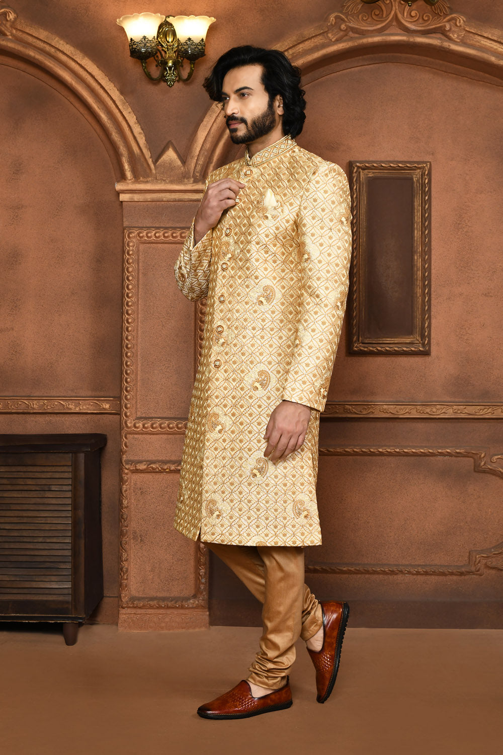 Beige Colour Art Silk Fabric With Embroidered Sherwani