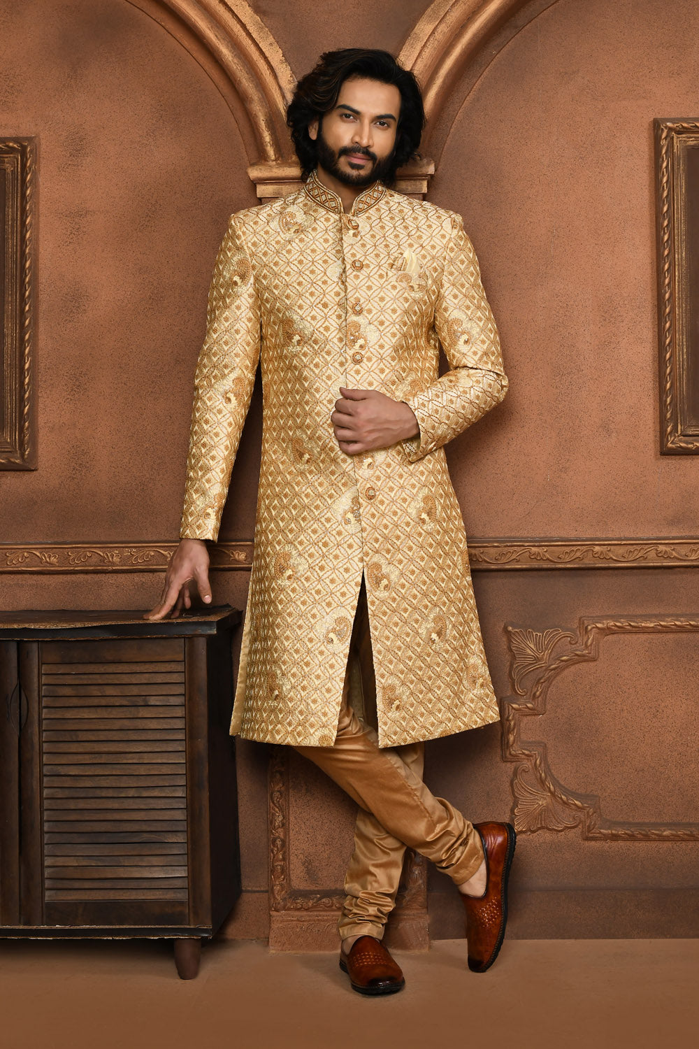 Beige Colour Art Silk Fabric With Embroidered Sherwani