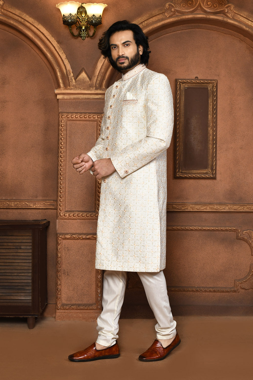 Off White Colour Art Silk Fabric With Embroidered Sherwani