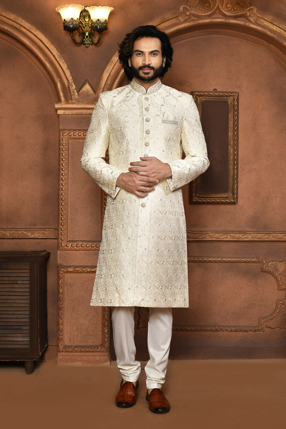 Off White Colour Art Silk Fabric With Embroidered Sherwani