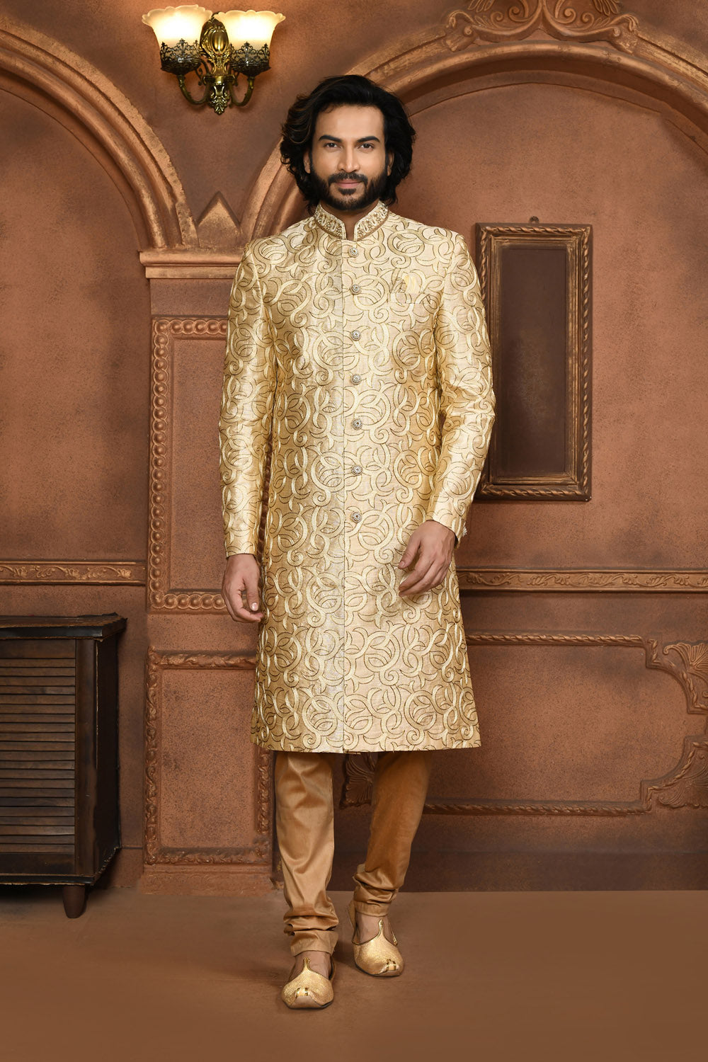 Beige Colour Art Silk Fabric With Embroidered Sherwani