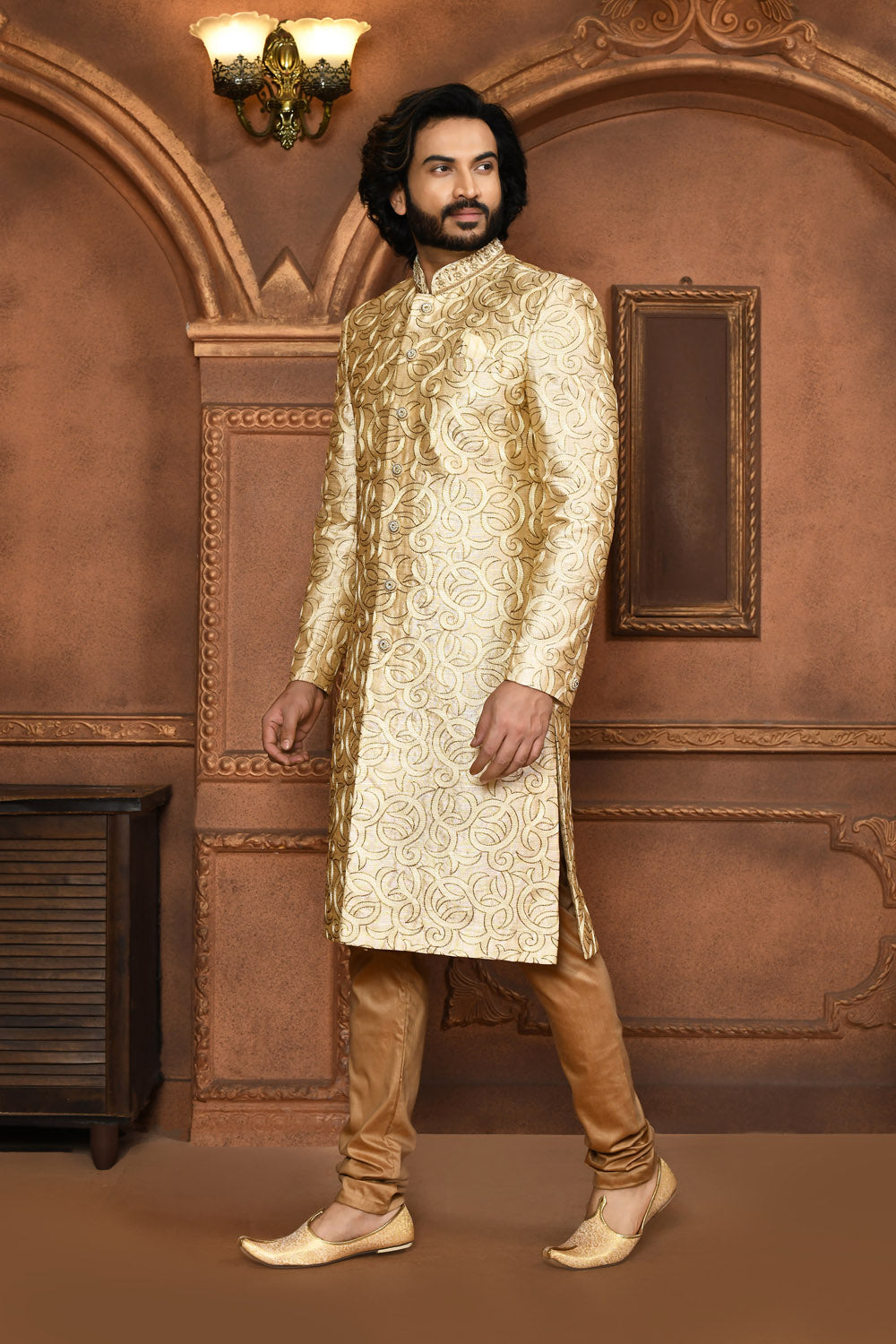 Beige Colour Art Silk Fabric With Embroidered Sherwani