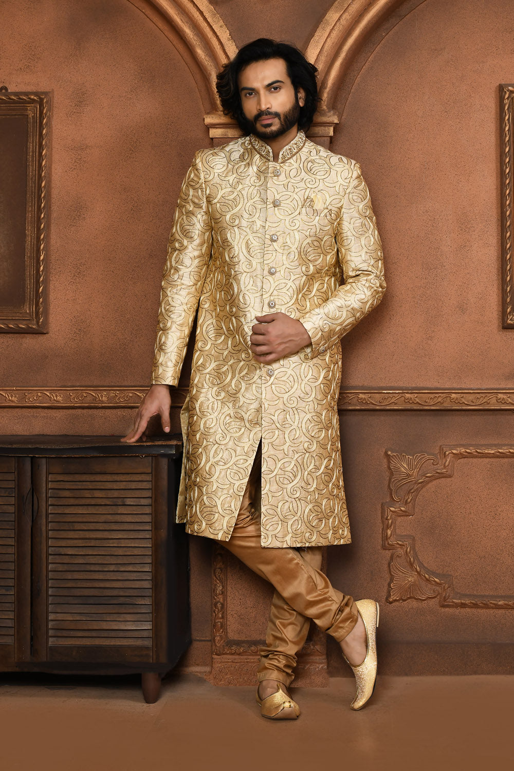 Beige Colour Art Silk Fabric With Embroidered Sherwani