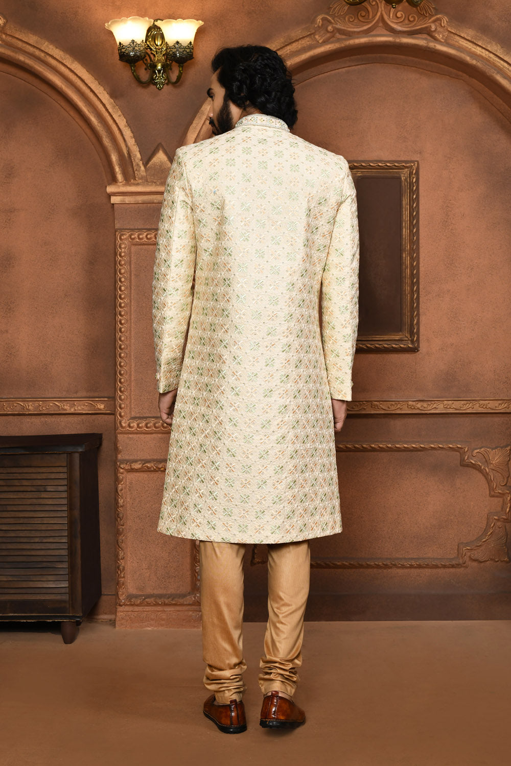 Beige Colour Art Silk Fabric With Embroidered Sherwani