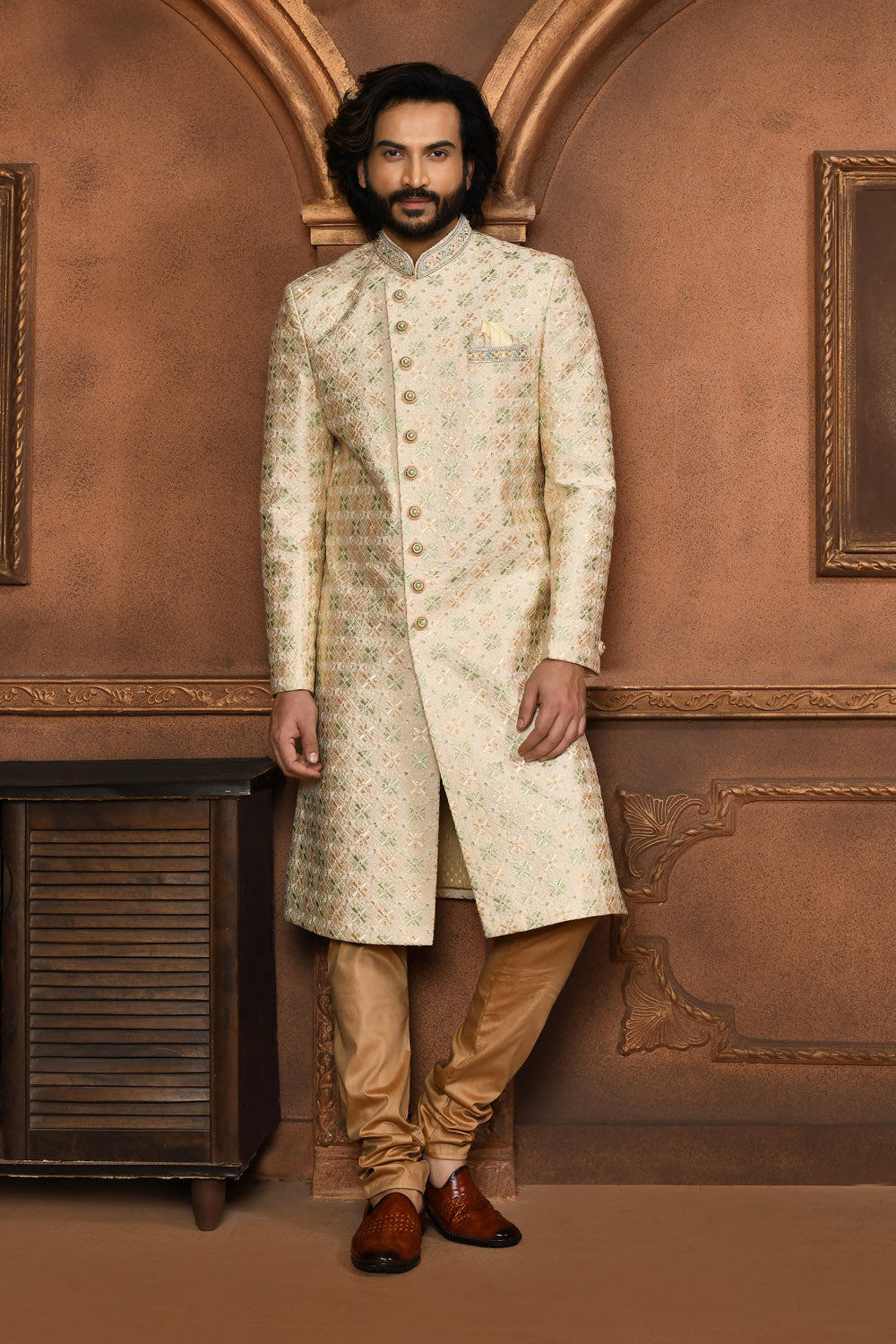 Beige Colour Art Silk Fabric With Embroidered Sherwani