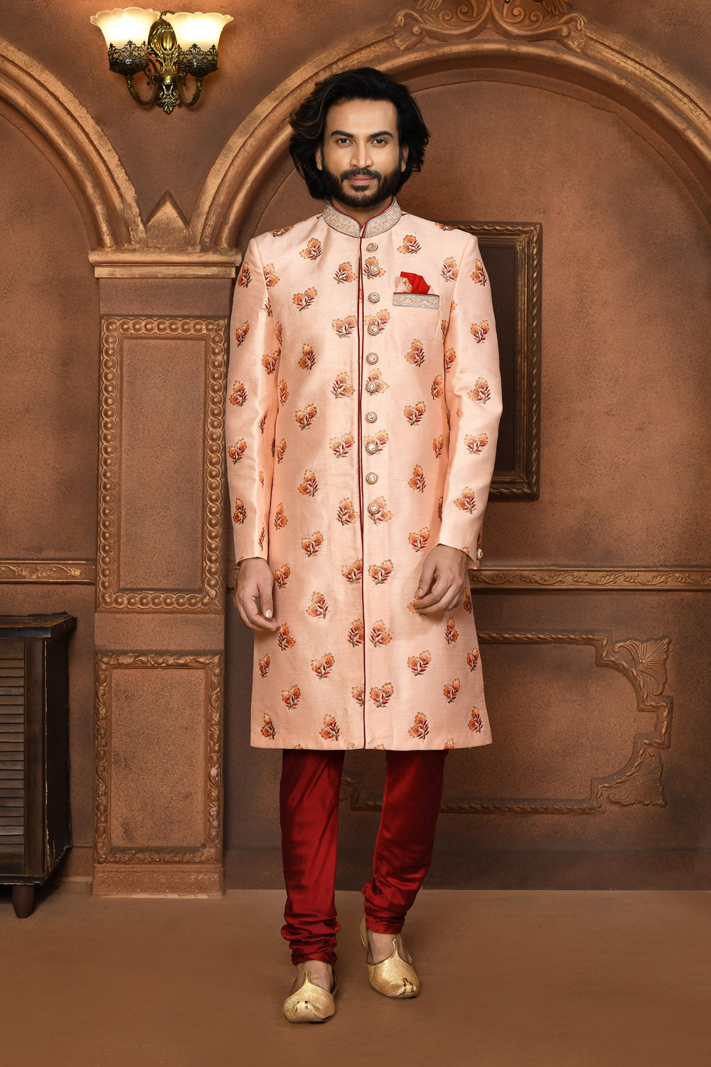Peach Colour Art Silk Fabric With Embroidered Sherwani