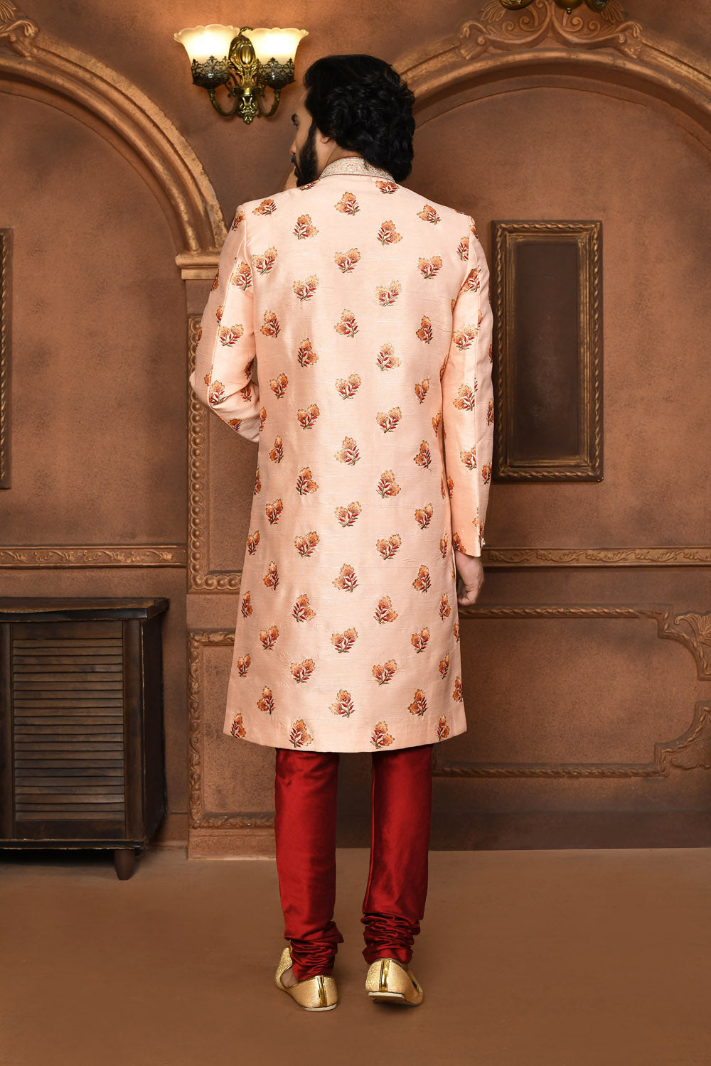 Peach Colour Art Silk Fabric With Embroidered Sherwani