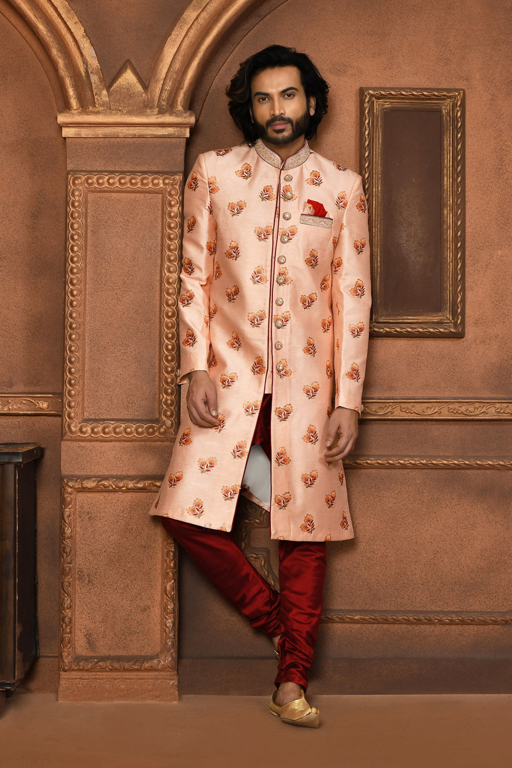Peach Colour Art Silk Fabric With Embroidered Sherwani