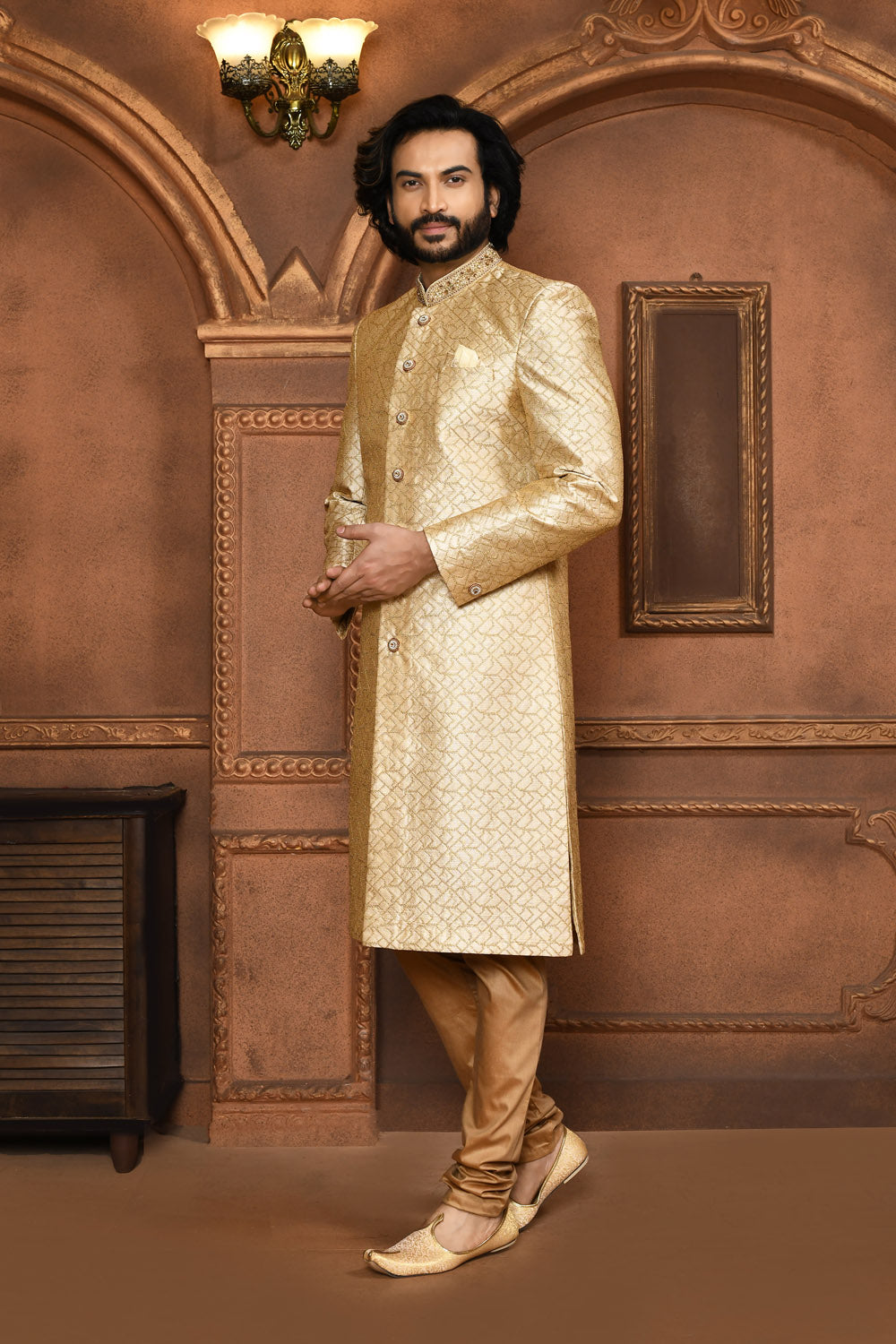 Beige Colour Art Silk Fabric With Embroidered Sherwani