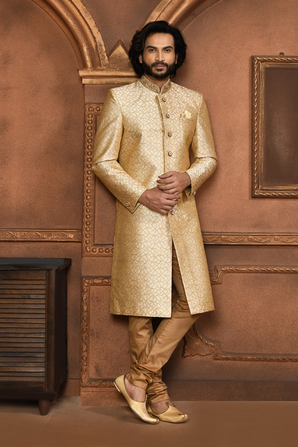 Beige Colour Art Silk Fabric With Embroidered Sherwani