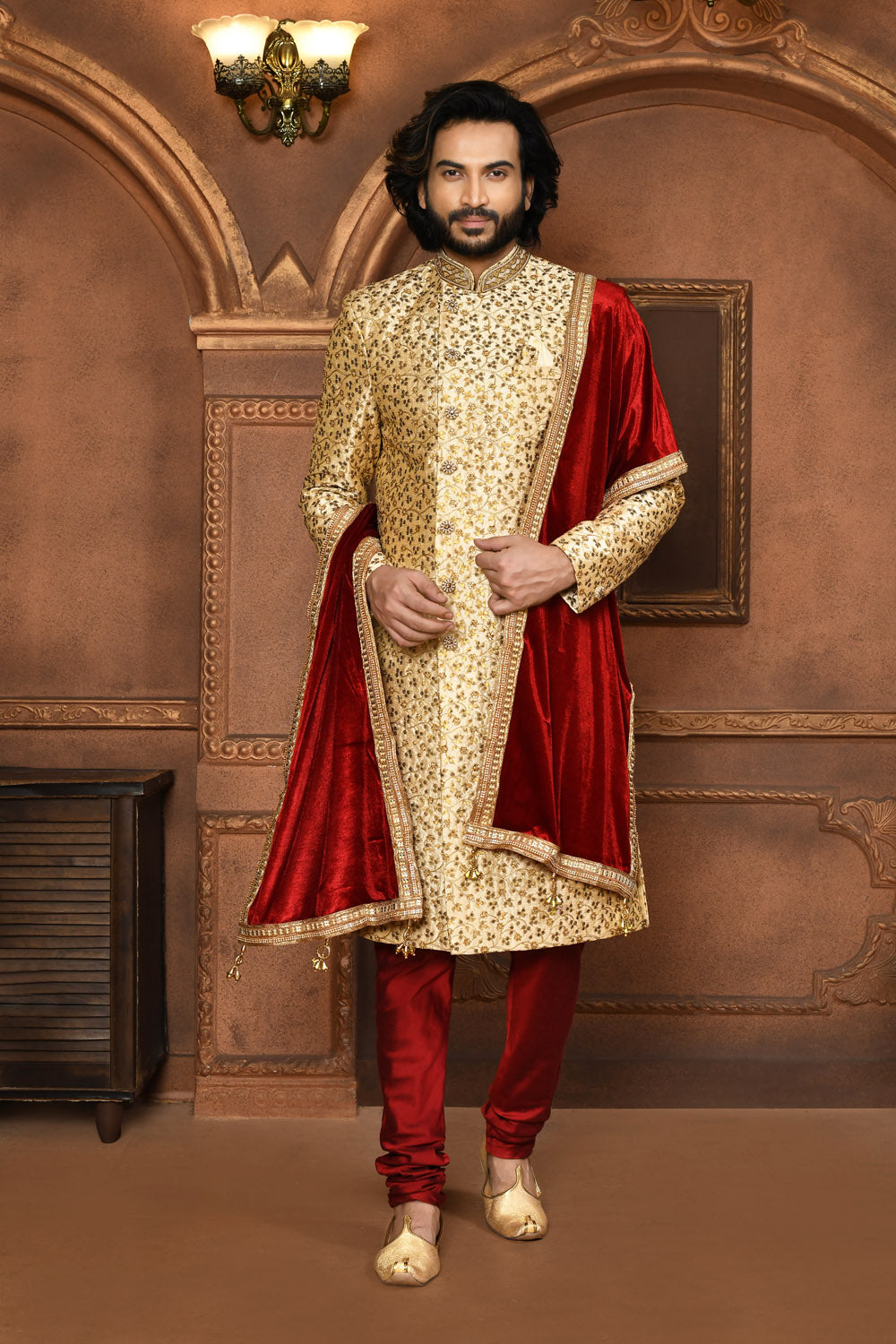 Beige Colour Art Silk Fabric With Embroidered Sherwani
