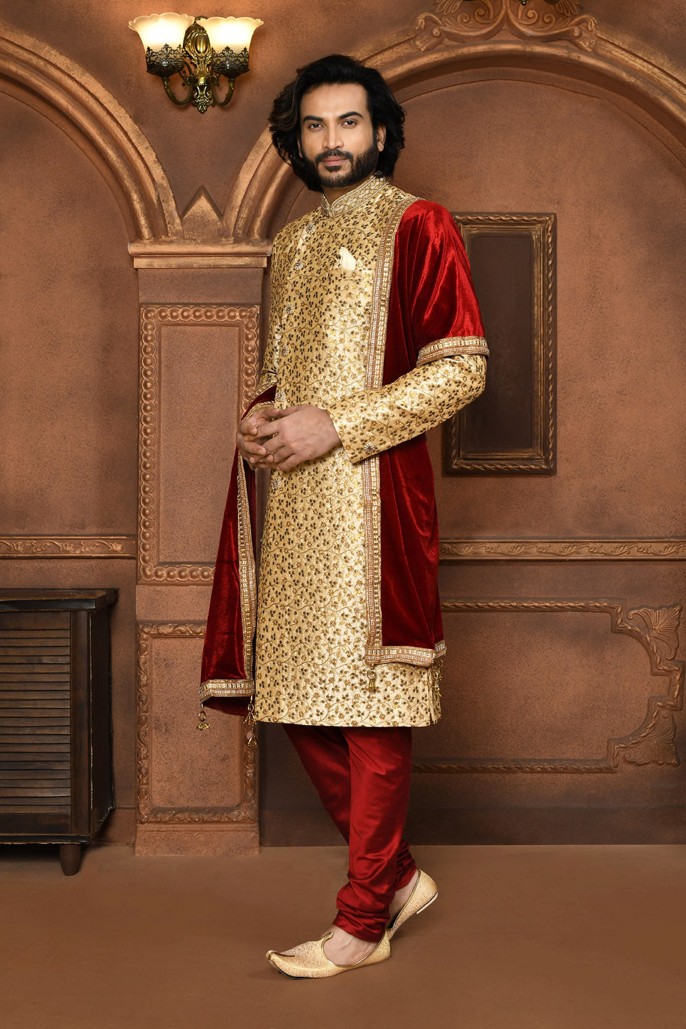 Beige Colour Art Silk Fabric With Embroidered Sherwani