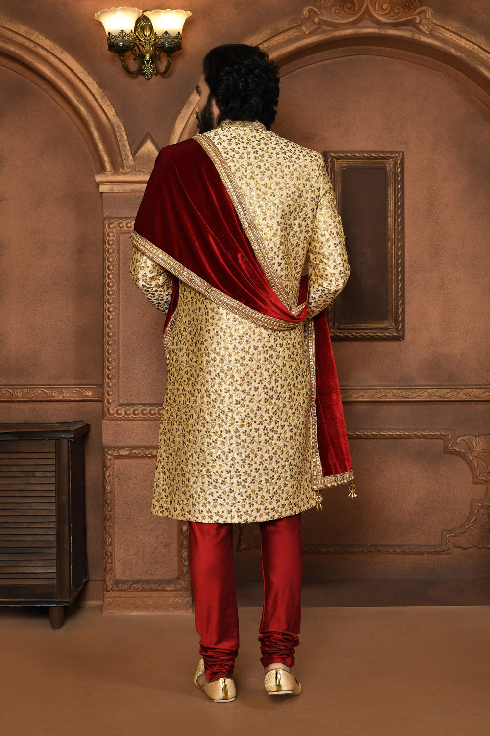 Beige Colour Art Silk Fabric With Embroidered Sherwani
