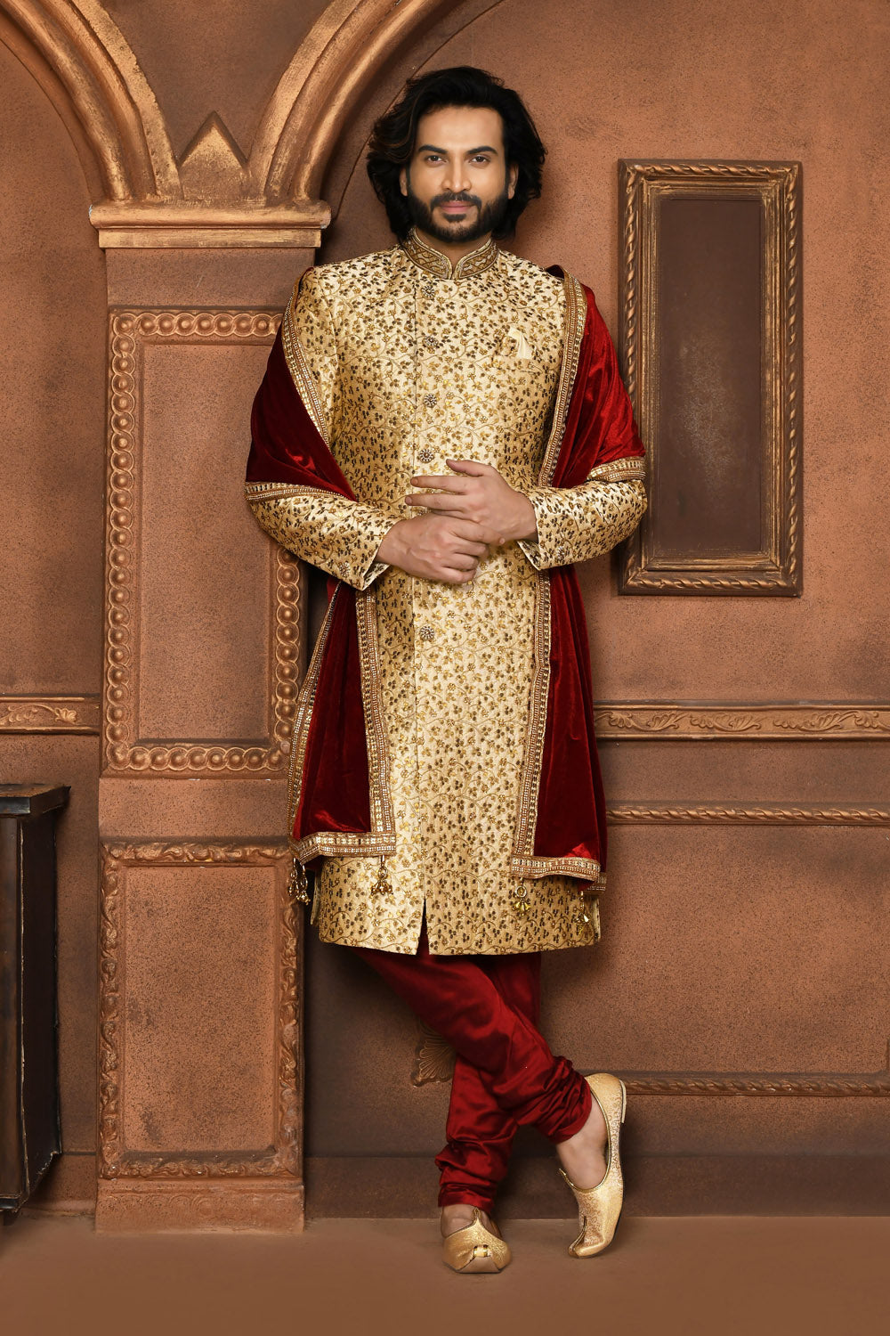 Beige Colour Art Silk Fabric With Embroidered Sherwani